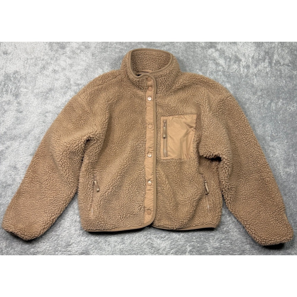 Fabletics Tahoe Teddy Jacket Womens Medium M Tan Sherpa Fleece Snap Front Bone